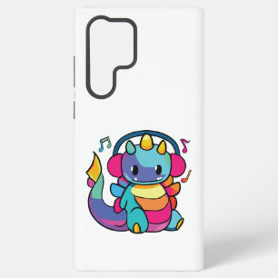 Funda Para Samsung Galaxy S22 Ultra Feliz dragón con auriculares escuchando música.