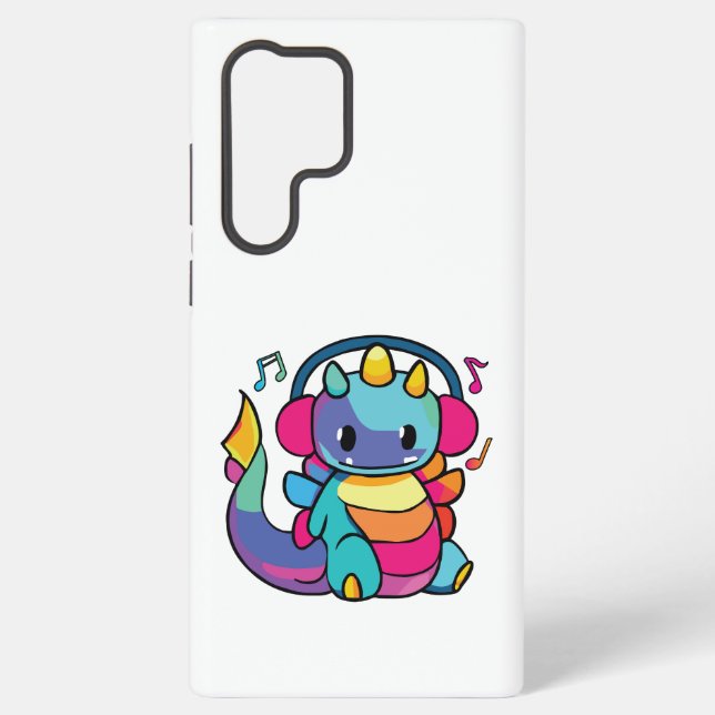 Funda Para Samsung Galaxy Feliz dragón con auriculares escuchando música. (Reverso )
