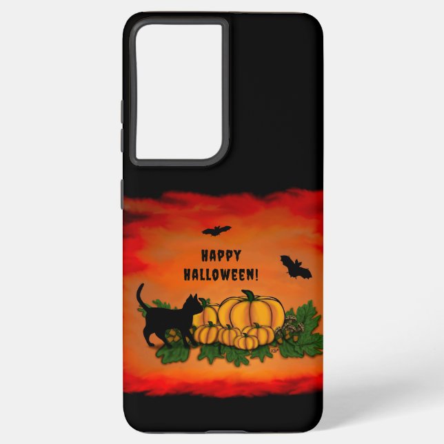 Funda Para Samsung Galaxy Feliz Halloween, Gato Negro, Bat y Calabaza (Reverso )