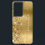 Funda Para Samsung Galaxy S21  Firma Girly del Relieve metalizado Purpurinoso de<br><div class="desc">Girly faux brillante purpurina de oro destaca en el borde izquierdo, sobre un falso Relieve metalizado metalizado rojo oscuro y rojo. La firma moderna de las gafas presenta un elegante tipo de letra de caligrafía blanca con colas decorativas en formato vertical. Personalizar los estilos de fuente o mueve los gráficos...</div>