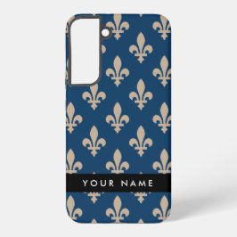 Funda Para Samsung Galaxy S22+ Fleur de Lis, Beige on Navy Blue, Royal, Your Name