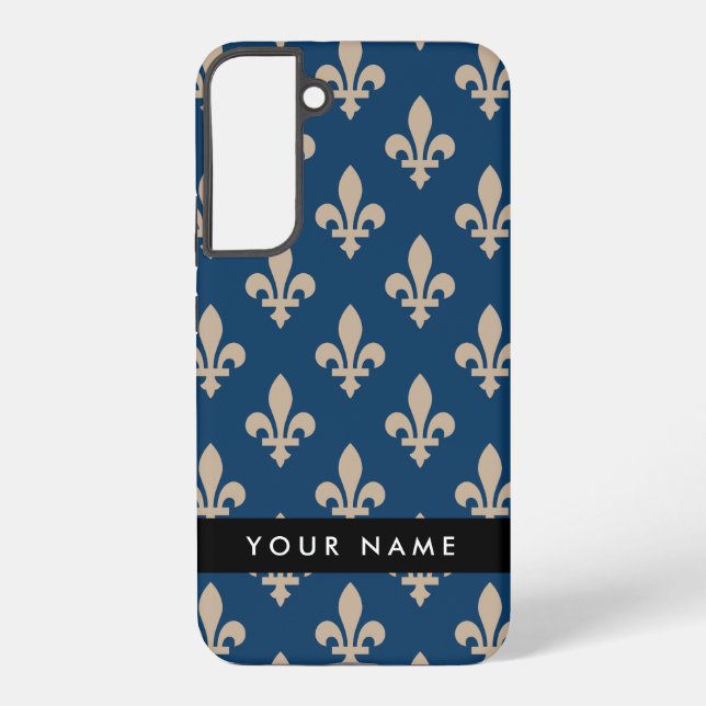 Funda Para Samsung Galaxy Fleur de Lis, Beige on Navy Blue, Royal, Your Name (Reverso )
