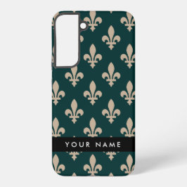 Funda Para Samsung Galaxy S22+ Fleur de Lis, beige sobre verde, real, tu nombre
