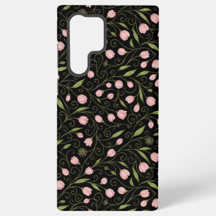 Funda Para Samsung Galaxy S22 Ultra Flor linda y rosa sobre negro con patrón repetitiv