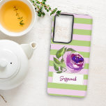Funda Para Samsung Galaxy S21 Ultra Floral acuarela Rosa tachado Añadir su nombre<br><div class="desc">Este diseño de estuches de teléfono de moda incluye rayas lilas horizontales y pastel verdes con un rosa de acuarela violeta y verde encima de una caja de resalte para tu nombre. Personalice el texto o edite utilizando la herramienta de diseño para seleccionar el estilo de fuente, el tamaño o...</div>