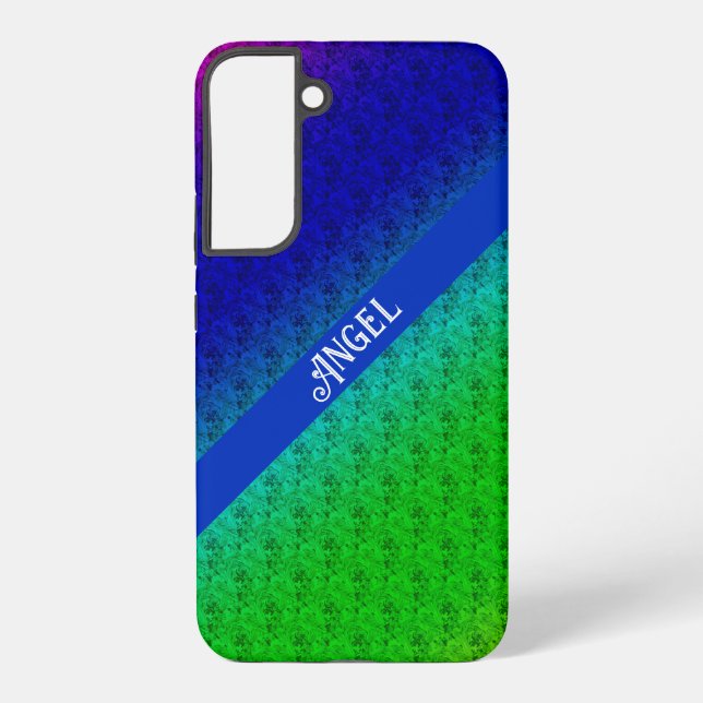 Funda Para Samsung Galaxy Floral Azul Verde Arcoiris Diagonal Añadir nombre (Reverso )