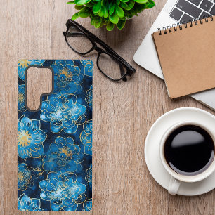 Funda Para Samsung Galaxy S22 Ultra Floral azul y dorado elegante - Botánica elegante