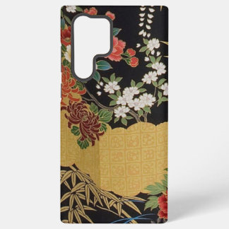 Funda Para Samsung Galaxy S22 Ultra Floral japonesa de kimono de oro y negro oriental