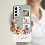 Funda Para Samsung Galaxy S22  Flores acuáticas de bonito pastel, 3-fotos con nom<br><div class="desc">Personalizar este diseño de plantilla de tres fotos de bonito con su nombre o monograma en un elemento label en blanco que puede personalizar con el color que elija. Cuenta con un pintoresco spray de esquina colorido con rosas de color agua, óxido y marfil y crisantemos con follaje verde y...</div>