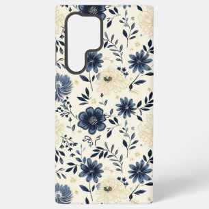 Funda Para Samsung Galaxy S22 Ultra Flores de Arte Popular Vintage Azul Marino Beige