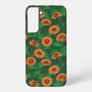 Funda Para Samsung Galaxy S22+ flores de la zinnia naranja, hojas verdes sobre ve