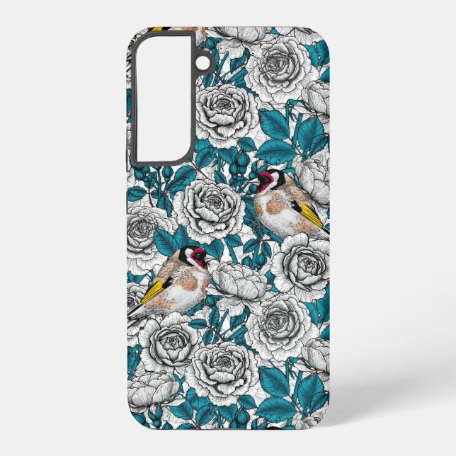 Funda Para Samsung Galaxy Flores de rosa blanca y pájaros dorados (Reverso )