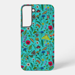 Funda Para Samsung Galaxy S22+ Flores silvestres y polillas sobre cian