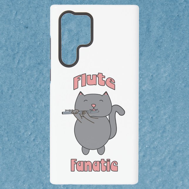 Funda Para Samsung Galaxy Flute Fanatic Gray Cat Pink Letters (A phone case with a gray cat playing the flute and the words flute fanatic in pink.)