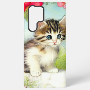 Funda Para Samsung Galaxy S22 Ultra Gatito blanco y marrón vintage con flores