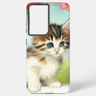 Funda Para Samsung Galaxy S21 Ultra Gatito blanco y marrón vintage con flores