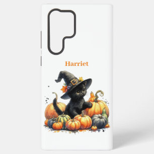Funda Para Samsung Galaxy S22 Ultra Gatito negro de Halloween con calabazas y sombrero