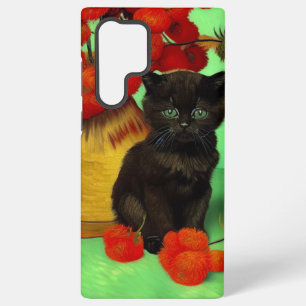 Funda Para Samsung Galaxy S22 Ultra Gatito negro de Van Gogh con flores rojas