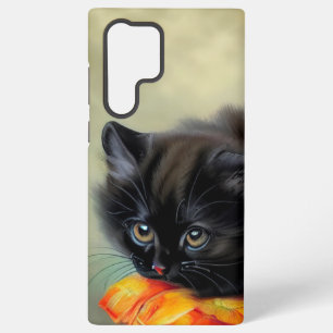 Funda Para Samsung Galaxy S22 Ultra Gatito negro vintage con manta de flor roja