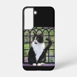 Funda Para Samsung Galaxy S22 Gato de Tuxedo en la ventana Pintura de arte anima