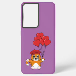 Funda Para Samsung Galaxy S21 Ultra Gato lindo con globos de corazón rojo