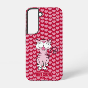 Funda Para Samsung Galaxy S22  Gato Rosa Patrón de Corazones Rojos Monograma 