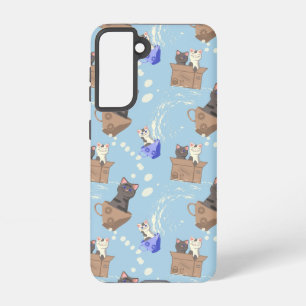 Funda Para Samsung Galaxy S21 Gatos en caja y gotas de leche en azul