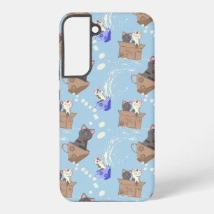 Funda Para Samsung Galaxy S22+ Gatos en caja y gotas de leche sobre azul