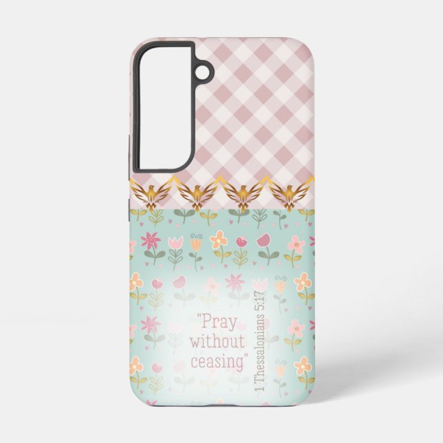 Funda Para Samsung Galaxy Girly Pink Plaid Pastel Floral Gold Doves Faith (Reverso )