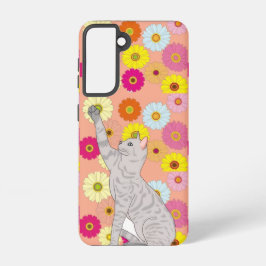 Funda Para Samsung Galaxy S21 Gray Cat Reaching for Flowers Samsung Galaxy Case