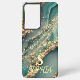 Funda Para Samsung Galaxy S21+ Green marble chic gold glitter monogram