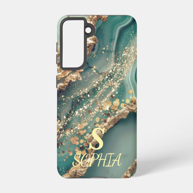 Funda Para Samsung Galaxy Green marble chic gold glitter monogram (Reverso )