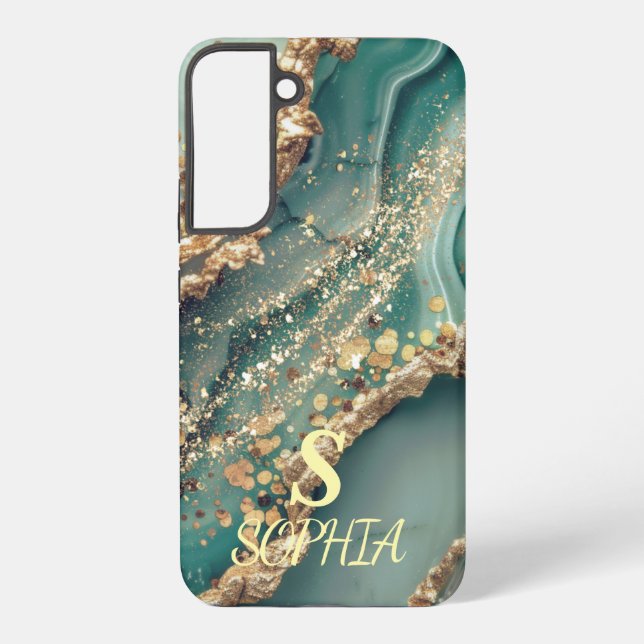 Funda Para Samsung Galaxy Green marble chic gold glitter monogram (Reverso )