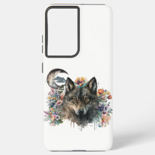 Funda Para Samsung Galaxy S21 Ultra Hermoso lobo rodeado de flores y luna