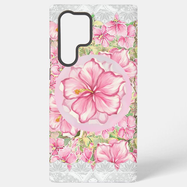 Funda Para Samsung Galaxy Hibiscus & lace PINK (Reverso )