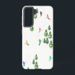 Funda Para Samsung Galaxy S21 Ilustracion de esquí alpino<br><div class="desc">Diseño de patrones de esquí con temática invernal de Guay con esquiadores esquiando por las pistas de esquí alpino entre los abetos cubiertos de nieve en los alpes. Los esquiadores Freeride llevan coloridos trajes de esquí retro vintage, esquiando cuesta abajo con esquís sobre un paisaje montañoso blanco y nevado. Maravilloso...</div>