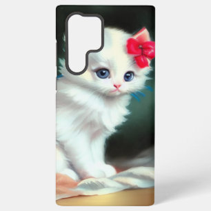 Funda Para Samsung Galaxy S22 Ultra Ilustracion de gatito blanco con flores rojas