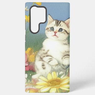 Funda Para Samsung Galaxy S22 Ultra Ilustracion de gatito vintage con flores amarillas