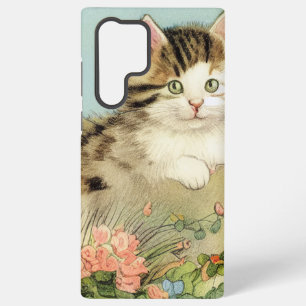 Funda Para Samsung Galaxy S22 Ultra Ilustración de gato vintage con flores rosadas