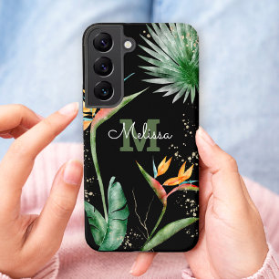 Funda Para Samsung Galaxy S22 Isla Tropical Floral Monograma Script Oro Negro