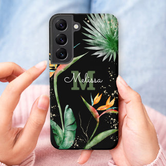 Funda Para Samsung Galaxy S22 Isla Tropical Floral Monograma Script Oro Negro