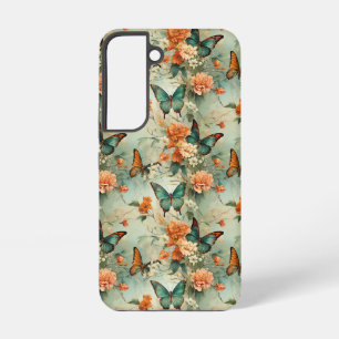 Funda Para Samsung Galaxy S22 Jardín floral de mariposa azul verdoso vintage