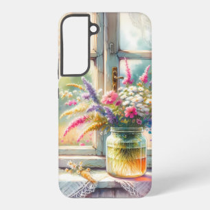 Funda Para Samsung Galaxy S22+ Jardineras Silvestres en Ventana de Cabaña Ilumina