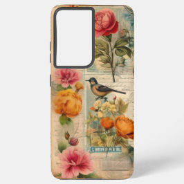 Funda Para Samsung Galaxy S21 Ultra Junk Journal Seite mit Blumen + Vögel - 