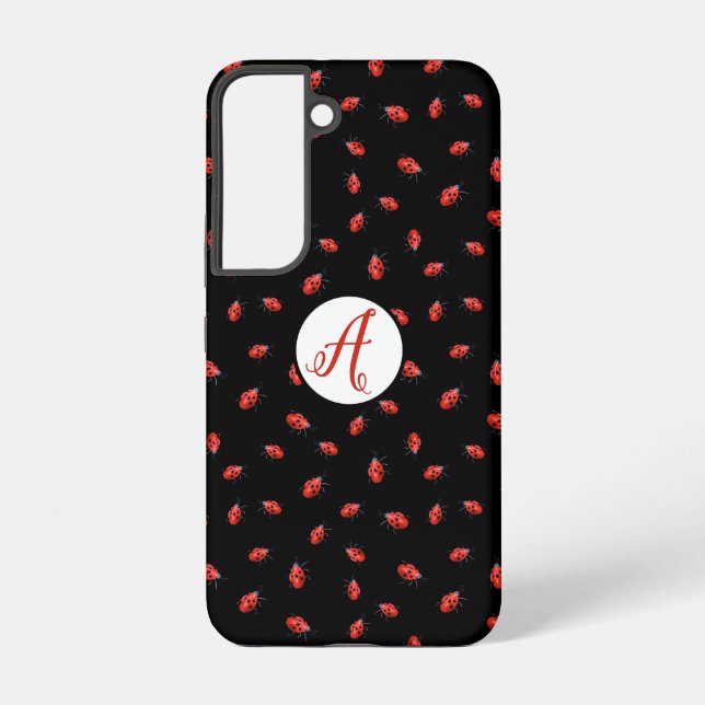 Funda Para Samsung Galaxy Ladybugs En Patrón Negro Con Iniciales (Reverso )