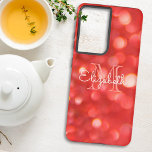Funda Para Samsung Galaxy S21 Ultra Letra inicial monograma coral Purpurina Bokeh<br><div class="desc">Añade algo de diversión a tu nuevo teléfono con este diseño de estuches de teléfono de moda con un fondo de purpurina de coral. El centro ofrece espacio para un nombre y un monograma de la carta inicial. Personalice el texto en los campos de plantilla, quite el texto o edite...</div>