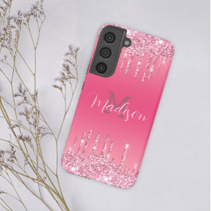 Funda Para Samsung Galaxy S22+ Llamativo Glitter Rosa Drip Glam Monograma Agregar