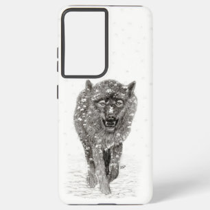 Funda Para Samsung Galaxy S21 Ultra Lobo negro enojado en la nieve, invierno salvaje