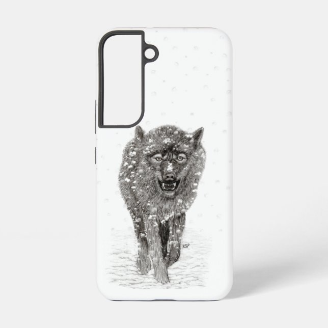 Funda Para Samsung Galaxy Lobo negro enojado en la nieve, invierno salvaje (Reverso )