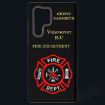 Funda Para Samsung Galaxy S22 Ultra Logo del Departamento de Incendios Negro y Rojo<br><div class="desc">Logo del Departamento de Bomberos Insignia Negra y Roja con hachas y escalera de incendios. Ideal para bomberos y primeros encuestados. Personaliza con tu nombre y departamento de la ciudad natal y más.monograma</div>